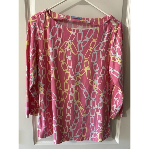 J McLaughlin Size Large Pink Chain link Print 3/4 Sleeve Top Nautical Preppy - Picture 2 of 9